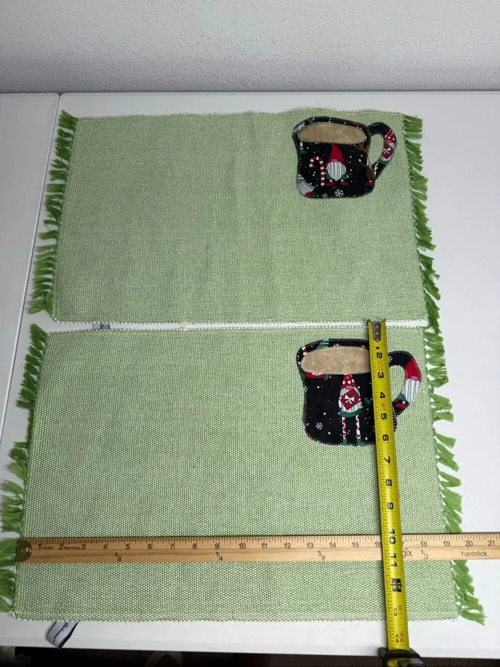 Rare Tommy Bahama Christmas Gnome Mug Placemats Set of 2 Green Fringe Table Mats